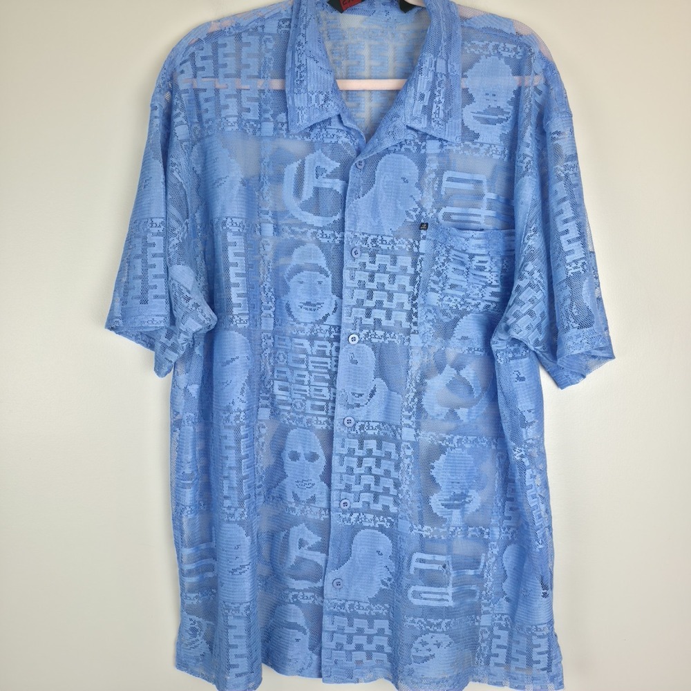 Barcode Lace  Shirt Crochet Lace Pattern, Button-Up, Lightweight Blue 2XL.E12